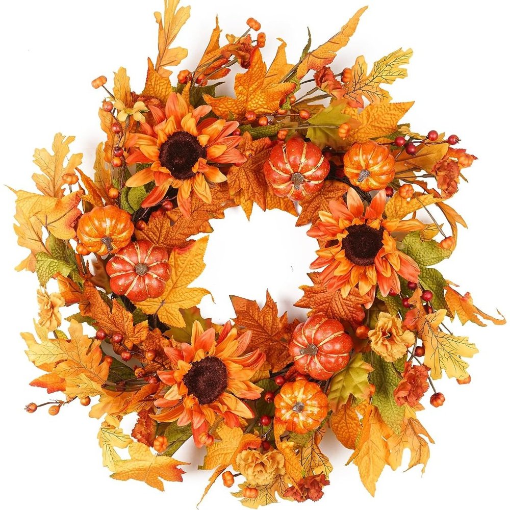 22 Inch Fall Wreaths with Pumpkin Maple Leaf Berry for Front Door